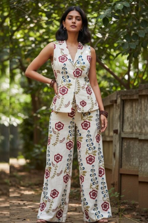 Embroidered Pure Linen Co-ord Set